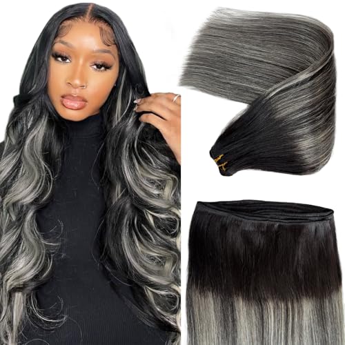 Licoville Silver Black Hair Extensions Weft Sew in Human Hair Extensions 14 Inch 80G Full Head Highlight Silver Grey Bundles Straight Natural Black to Silver Ombre Weft Hair Extensions Human Hair - Image 1