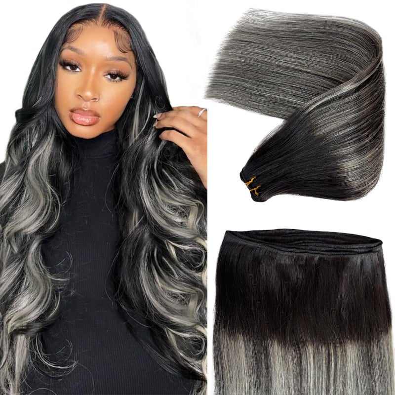 Licoville Silver Black Hair Extensions Weft Sew in Human Hair Extensions 14 Inch 80G Full Head Highlight Silver Grey Bundles Straight Natural Black to Silver Ombre Weft Hair Extensions Human Hair - Image 2