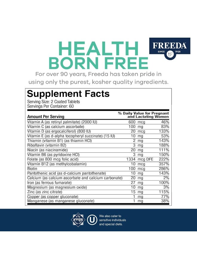 Freeda فيتامين فريدا ميني قبل الولادة - فيتامينات قبل الولادة كوشير - أقراص صغيرة سهلة البلع - فيتامينات قبل الولادة مع الحديد، حمض الفوليك/فولات، فيتامين د - متعدد الفيتامينات قبل الولادة للنساء الحوامل (120) - Image 3
