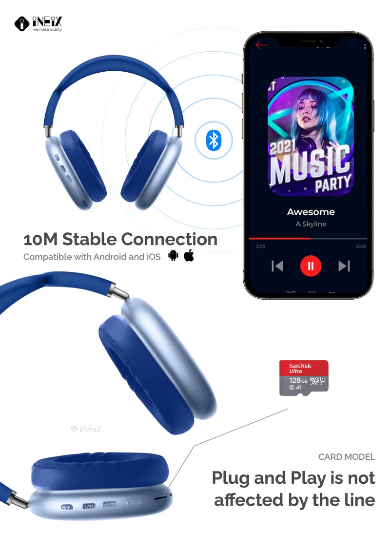 INEIX - Air Max Wireless Bluetooth Over-Ear Headphones - Blue - Image 1