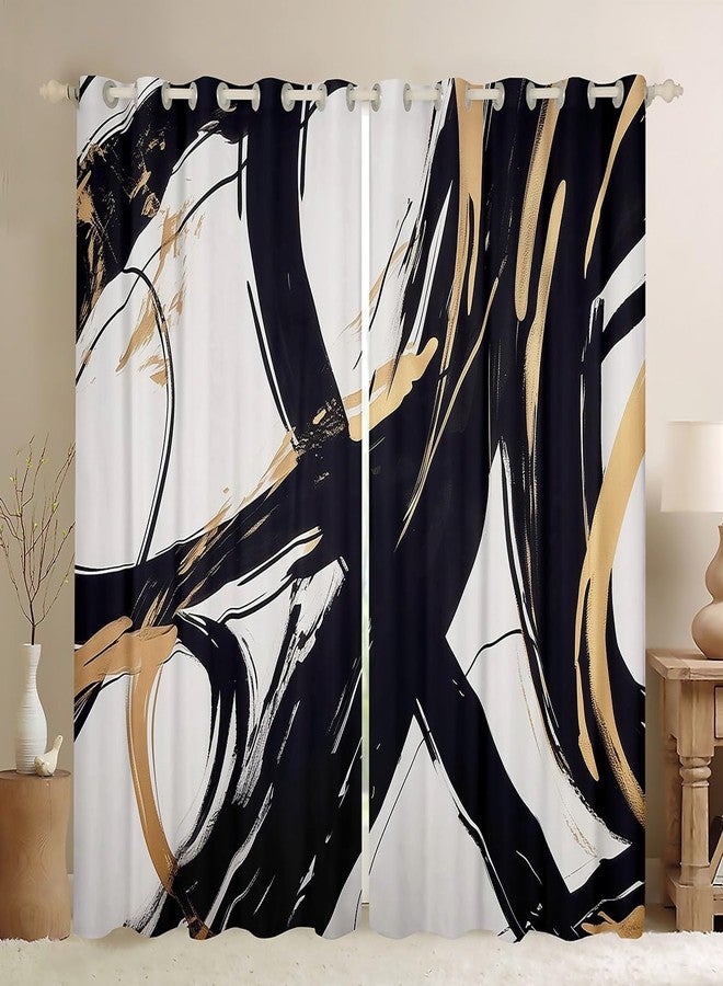 Feelyou Black Gold Abstract Art Line Window Curtains for Bedroom Living Room Modern Geometric Print Curtains Minimalist Ink Line Window Drapes 30%-50% Blackout Curtains, 52W X 84L,2 Panels - Image 1