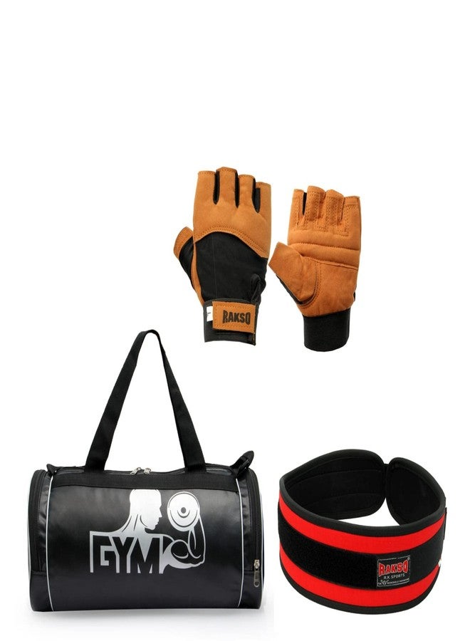 RAKSO Gold Gym Leather Gloves with Gym Bag with Weight Lifting Belt Combo for Workout Cross Fit Exercise_and_Fitness & Cross Training, Outside Activities, Best for Men & Women Black Color - Image 2