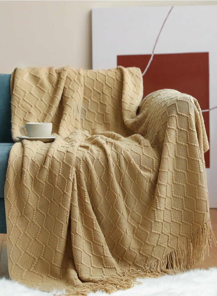 Loquat Solid Color Tassel Design Knitted Soft Throw Blanket Camel - Image 1