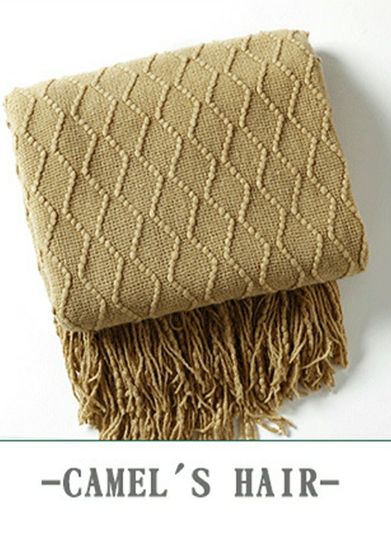 Loquat Solid Color Tassel Design Knitted Soft Throw Blanket Camel - Image 2