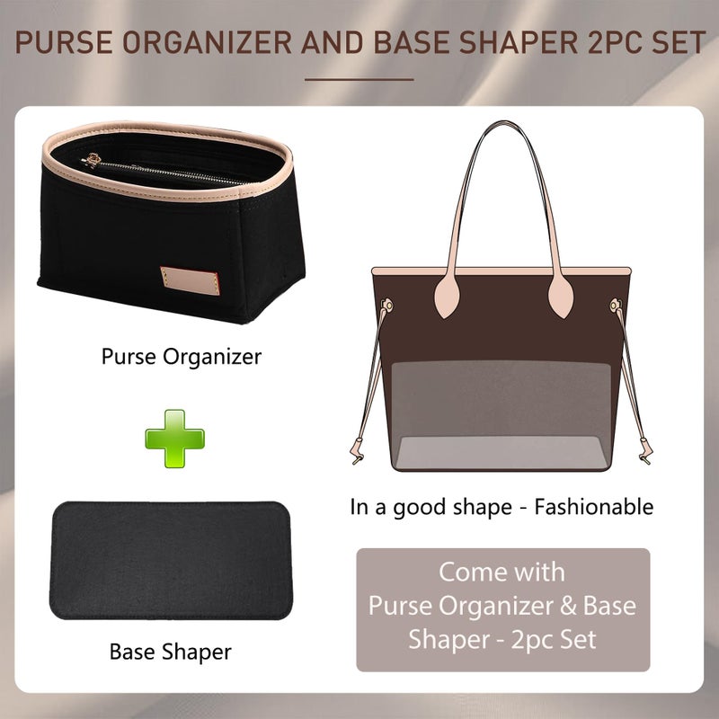 Doxo Purse Organizer Insert & Base Shaper 2pc Set, Felt Handbag Bag Fit LV Speedy Neverfull (L-Black) - Image 3