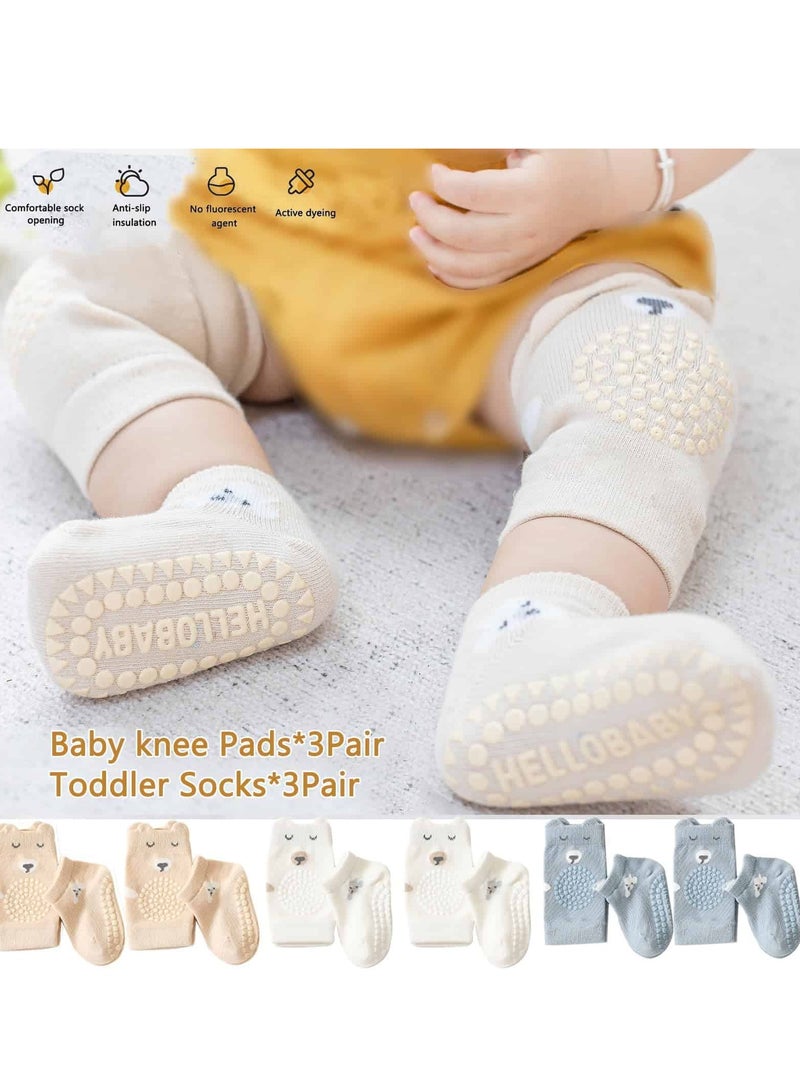 Mitoy 3 Pcs Baby Knee Protectors and Non-Slip Socks Set (Unisex, Beige/Gray/khaki） - Image 3