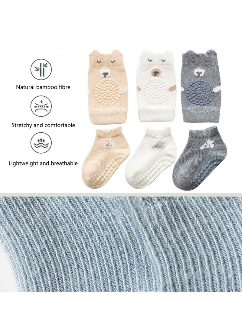 Mitoy 3 Pcs Baby Knee Protectors and Non-Slip Socks Set (Unisex, Beige/Gray/khaki） - Image 5