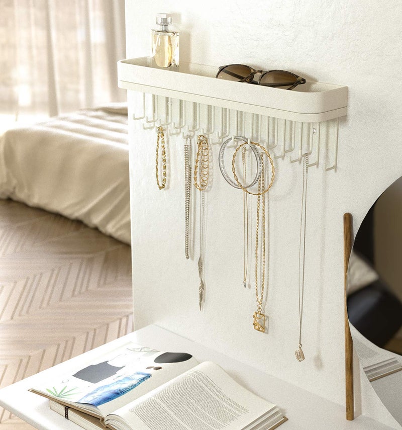 J JACKCUBE DESIGN Necklace Holder Wall Mounted Jewelry Organizer for Bracelet, Earrings and Rings with 25 Hooks - Aesthetic Room Decor Bedroom Shelf Rack (White) - MK124C - Image 4