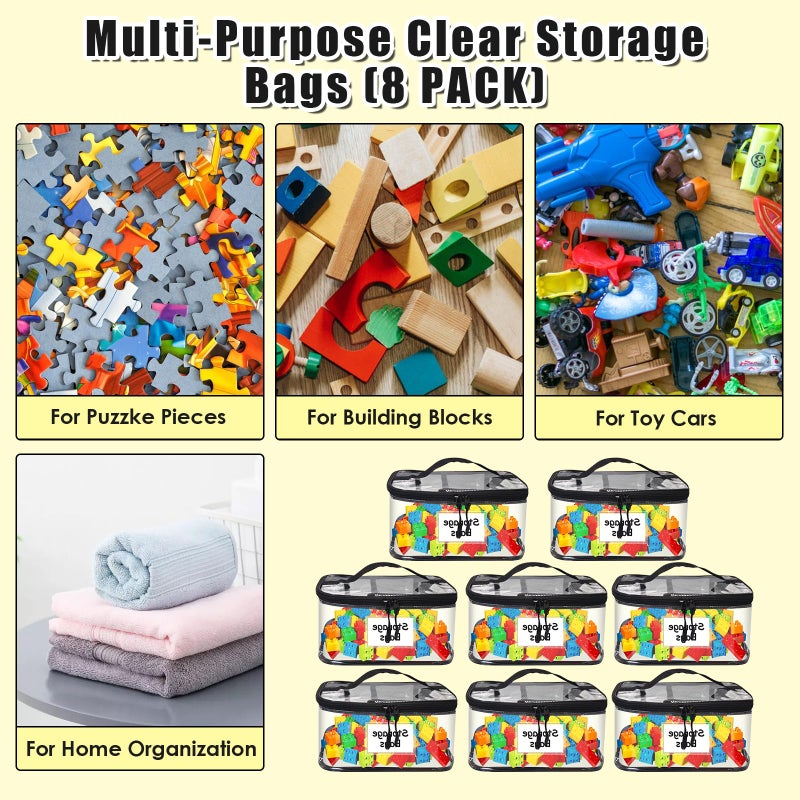 Yudlto 8 Pack Large Clear Toy Storage Bags with Zipper, 9.4 Ã— 6.7 Ã— 5.1 in Waterproof PVC Organizer Bags for Board Games, Puzzles & Home Organization, Includes Name Tag (Black) - Image 5