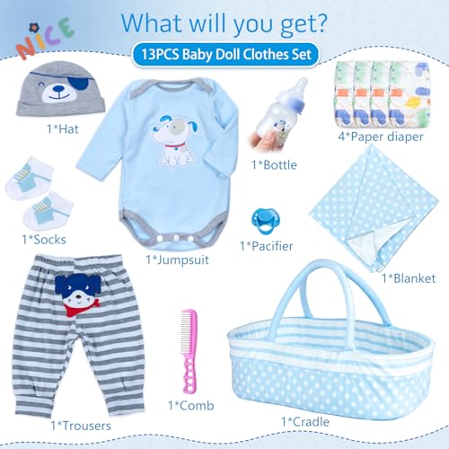 PEDOLLTREE Reborn Baby Dolls Clothes Boy Blue Dog Outfit Accessories 13 Pcs for 1722 Inches Reborn Doll Newborn Boy with Blue Dot Bassinet - Image 5