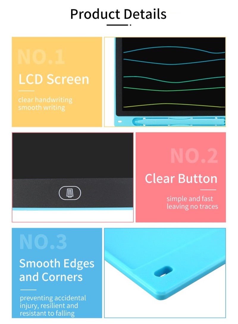 لوح كتابة LCD مقاس 12 بوصة، لوح كتابة ورسم بشاشة ملونة، لوح رسم قابل لإعادة الاستخدام، لعبة تعليمية للأطفال باللون الوردي والأزرق الفاتح - Image 3