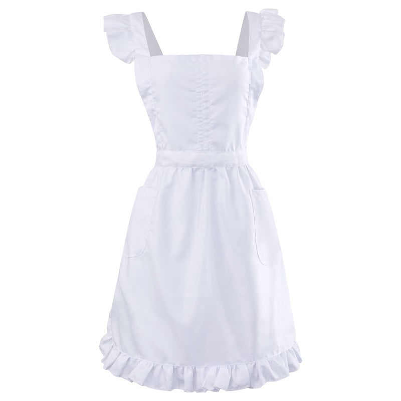 Geyoga Aprons for Women with Pockets Kitchen Cooking Waitress Maid Apron Vintage Skirt Cute Ruffle Dress Costume(White,Long Style) - Image 1