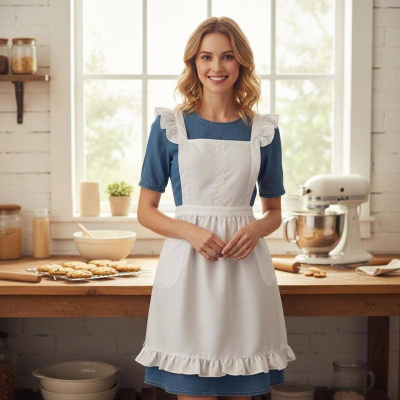 Geyoga Aprons for Women with Pockets Kitchen Cooking Waitress Maid Apron Vintage Skirt Cute Ruffle Dress Costume(White,Long Style) - Image 4