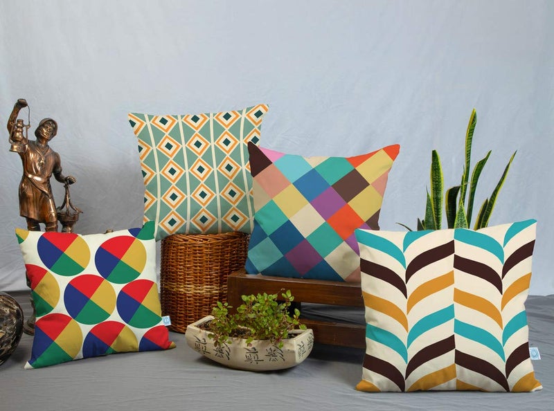 BRICK HOME Set of 4 Polycotton Printed Cushion Covers 18x18 Inches | Geometric Triangle & Diamond Pattern | Teal, Mustard, Brown & Beige | Soft Decorative Pillow Covers for Sofa, Couch & Living Room - Image 5