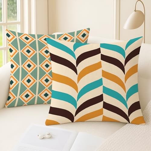 BRICK HOME Set of 4 Polycotton Printed Cushion Covers 18x18 Inches | Geometric Triangle & Diamond Pattern | Teal, Mustard, Brown & Beige | Soft Decorative Pillow Covers for Sofa, Couch & Living Room - Image 2