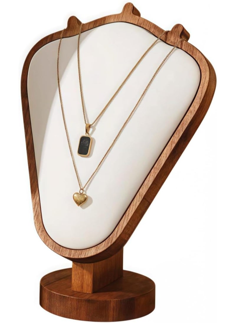 Wooden Necklace Display Stand, Walnut Color with White Leather Mat, Desktop Jewelry Organizer - Image 1