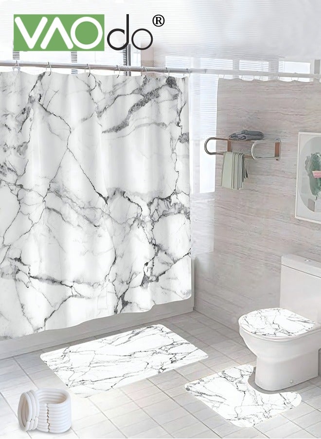 VAOdo 4PCS Marble Pattern Shower Curtain Set, Polyester Waterproof Material, Bathroom Decoration Include Floor Mat Toilet Seat Cover Anti-skid Pad and Shower Curtain, Non-Toxic, Bathroom set, Water Resistant Curtain - Image 1