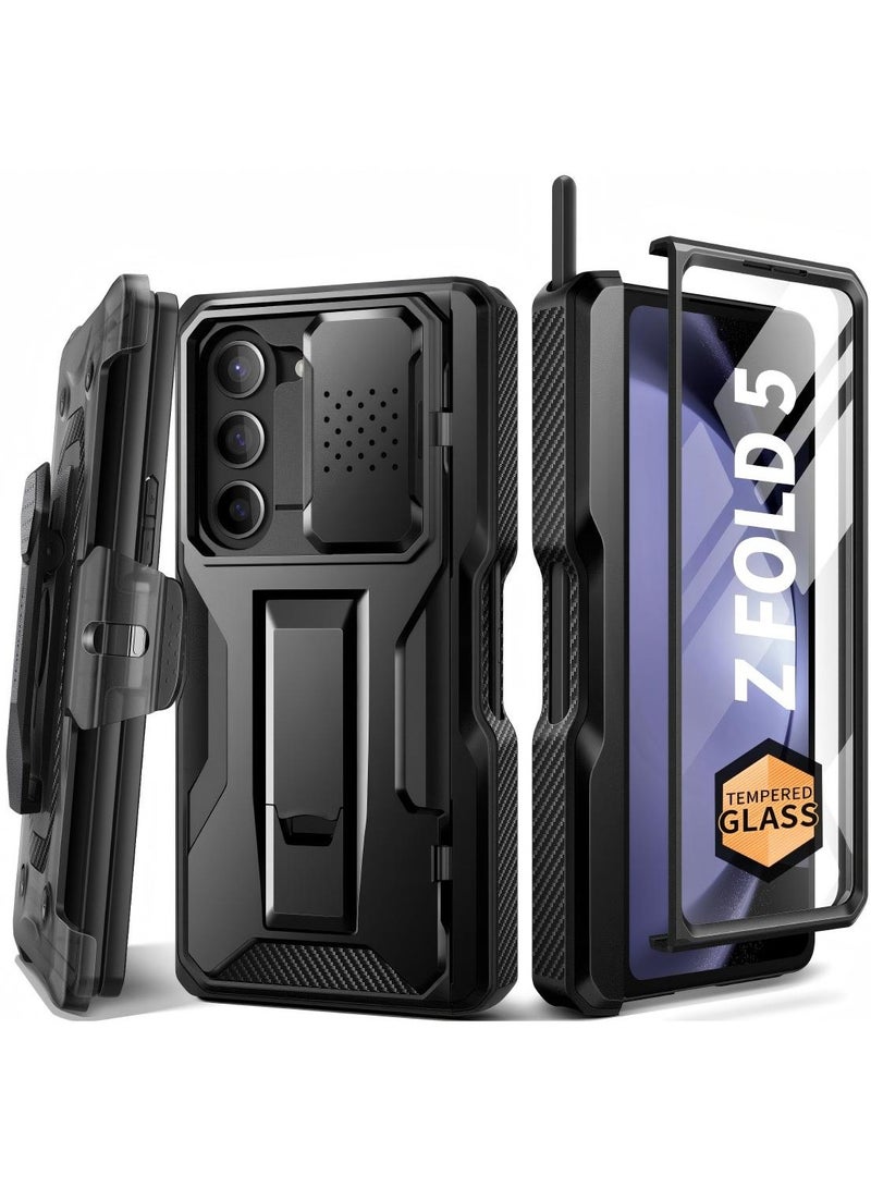 TONGATE Z Fold 5 Phone Case, [With S Pen Holder and Hinge Protection] [Glass Screen Protector and Sliding Camera Cover] Heavy Duty Drop-Proof and Shatter-Proof Phone Case for Samsung Galaxy Z Fold 5 Phone Case with Stand and Belt Clip, Black - Image 1