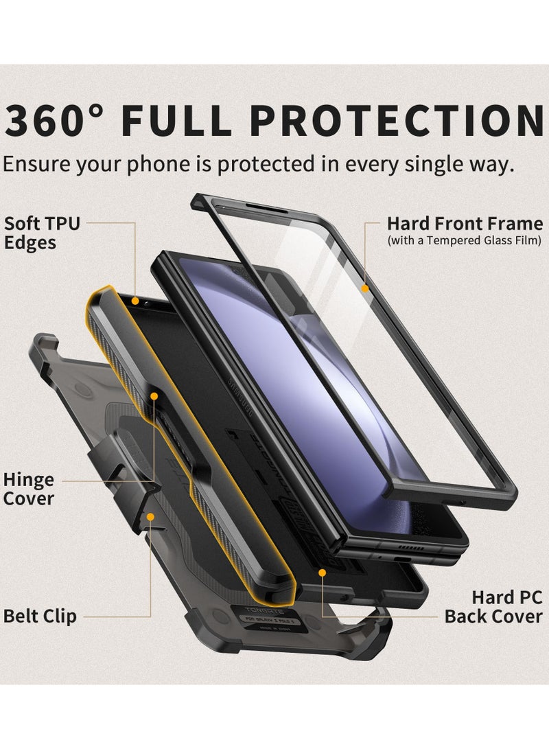 TONGATE Z Fold 5 Phone Case, [With S Pen Holder and Hinge Protection] [Glass Screen Protector and Sliding Camera Cover] Heavy Duty Drop-Proof and Shatter-Proof Phone Case for Samsung Galaxy Z Fold 5 Phone Case with Stand and Belt Clip, Black - Image 2