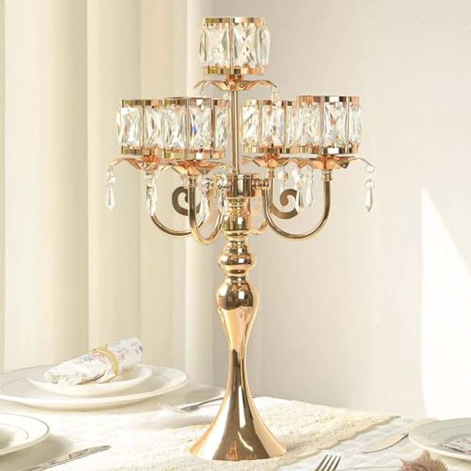 kehail Gold 5 Arm Pendant Square Crystal Table Decor 22 inch Candle Holder, Classic and Elegant Table Centerpiece Atmosphere Candle Holders for Gift Wedding Party Home Decor - Image 3
