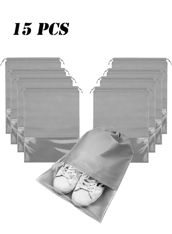 15 Pcs Portable Travel Shoe Bags, 17.3 x 12.6 Inches Waterproof Non-Woven Shoe Organizers Storage Bags, Large Drawstring Shoes Pouch Packing Organizers with Rope for Men, Women, Children (Grey) ﻿ - Image 1