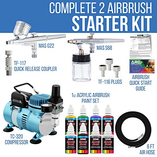 Master Airbrush طقم رش الهواء ماستر إيربروش كول رنر II مع ضاغط الهواء ومروحتين مزدوجتين، مجموعة رش الهواء بتغذية الجاذبية والسيفون، 6 ألوان من الطلاء الأكريليكي بالألوان الأساسية غير الشفافة، دليل كيفية الاستخدام. - Image 2