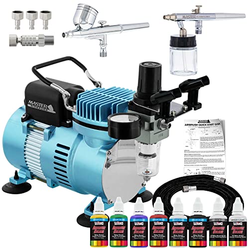 Master Airbrush طقم رش الهواء ماستر إيربروش كول رنر II مع ضاغط الهواء ومروحتين مزدوجتين، مجموعة رش الهواء بتغذية الجاذبية والسيفون، 6 ألوان من الطلاء الأكريليكي بالألوان الأساسية غير الشفافة، دليل كيفية الاستخدام. - Image 1