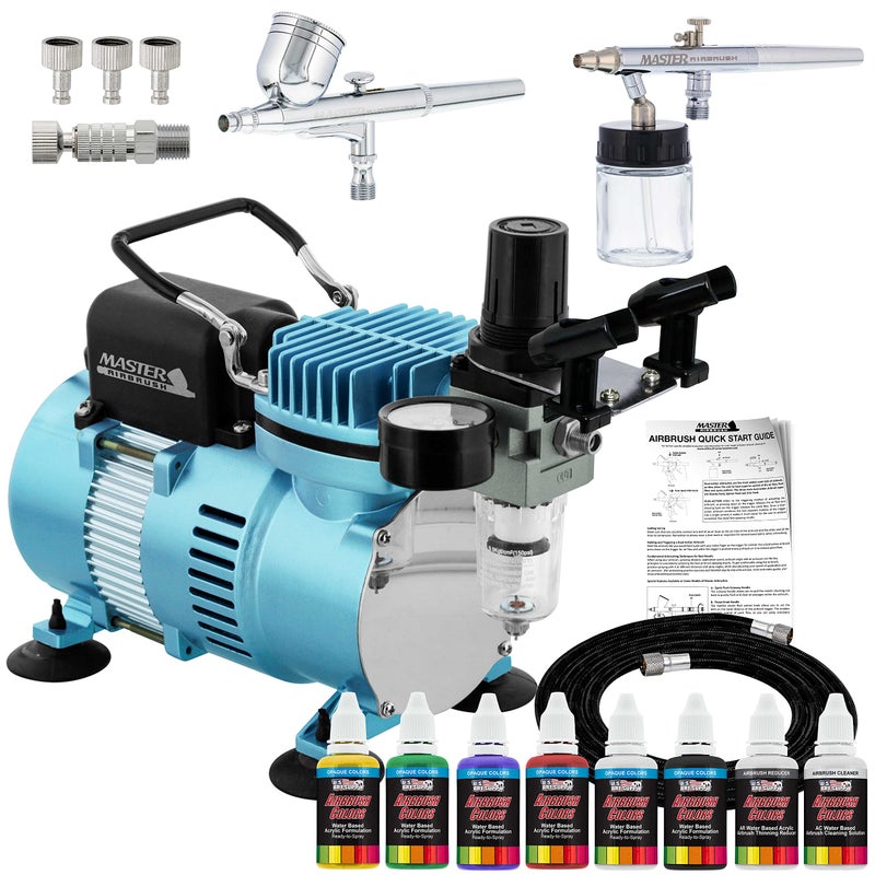 Master Airbrush طقم رش الهواء ماستر إيربروش كول رنر II مع ضاغط الهواء ومروحتين مزدوجتين، مجموعة رش الهواء بتغذية الجاذبية والسيفون، 6 ألوان من الطلاء الأكريليكي بالألوان الأساسية غير الشفافة، دليل كيفية الاستخدام. - Image 4
