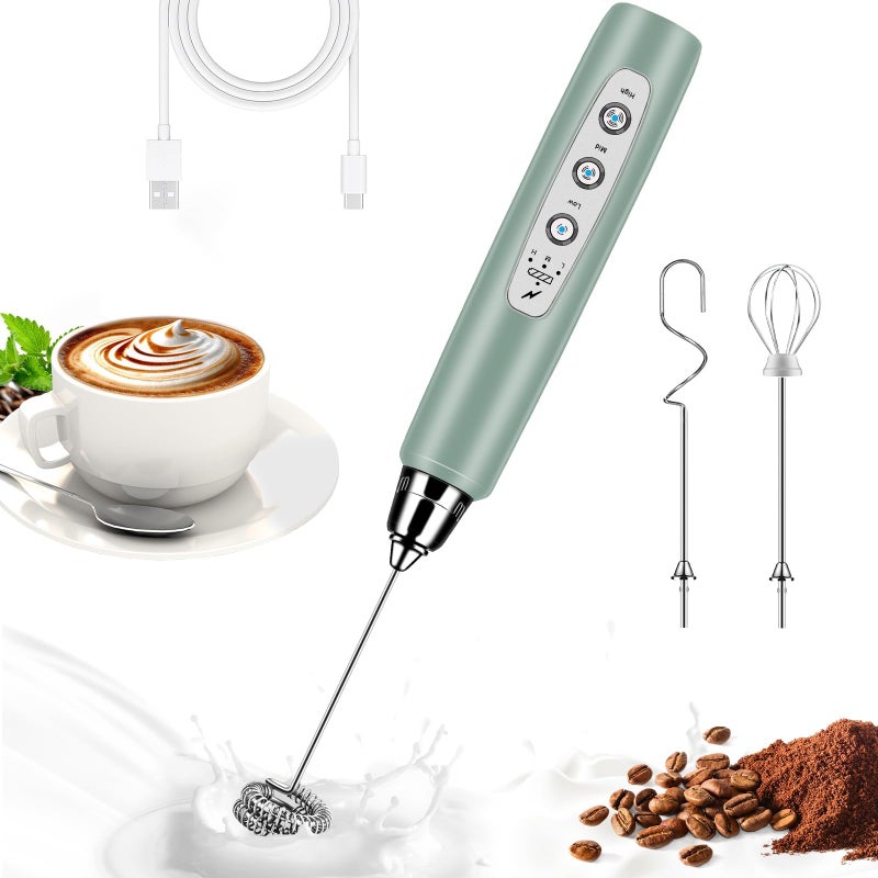 BSRGMS Milk Frother Handheld for Coffee Electric Whisk 3 Speed Adjustable Drink Mixer with Stainless 3 Whisks Rechargeable Hand Frother Wand Foam Maker for Latte Cappuccino Hot Chocolate Egg Green