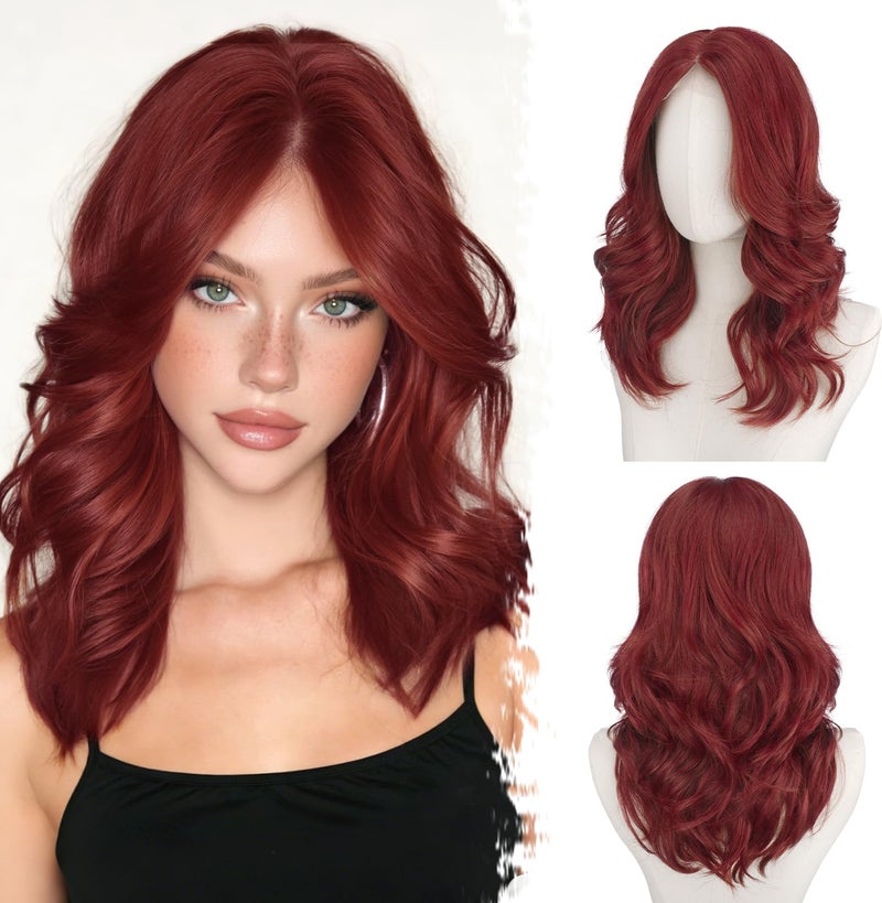 BARSDAR Short Wavy Copper Red Layered Wig Shoulder Length Wavy Copper Wigs for Women Short Loose Wave Textured Layered FaceFraming Curtain Bangs Wig Soft Synthetic Natural Looking Daily Party - Image 2