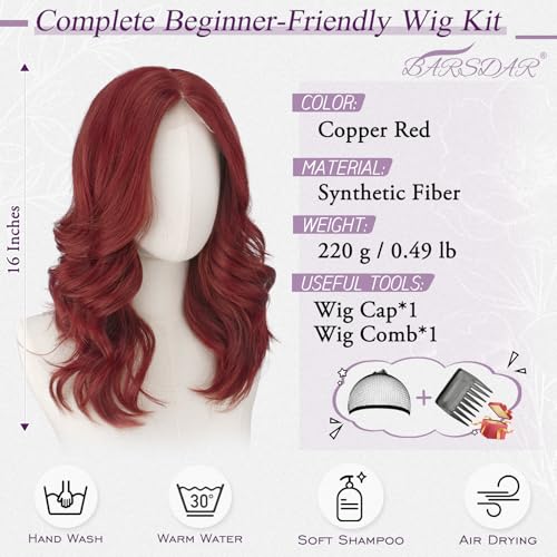 BARSDAR Short Wavy Copper Red Layered Wig Shoulder Length Wavy Copper Wigs for Women Short Loose Wave Textured Layered FaceFraming Curtain Bangs Wig Soft Synthetic Natural Looking Daily Party - Image 3