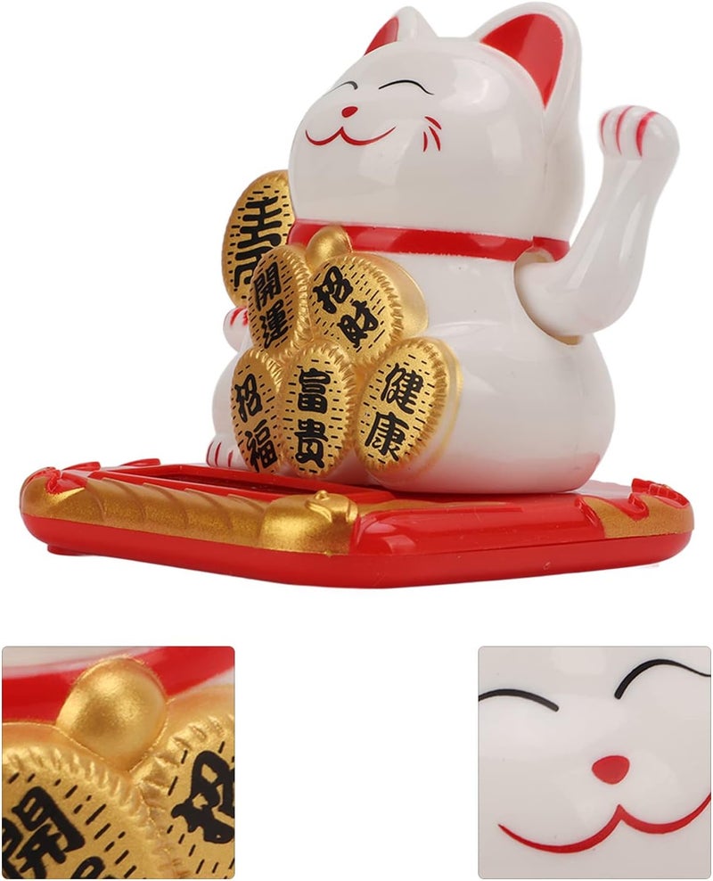 Lucky Cat Solar Powered Mini Size Cute Wealth Treasure Blessings for Car Bedroom Office Chinese Cat Plastic 2.76 X 2.56in (White) - Image 2