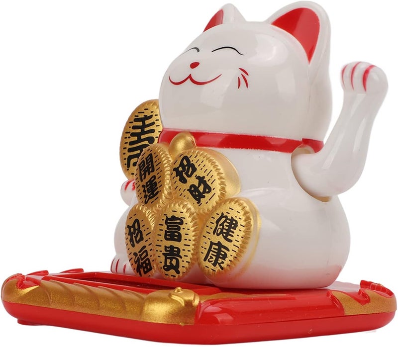 Lucky Cat Solar Powered Mini Size Cute Wealth Treasure Blessings for Car Bedroom Office Chinese Cat Plastic 2.76 X 2.56in (White) - Image 1