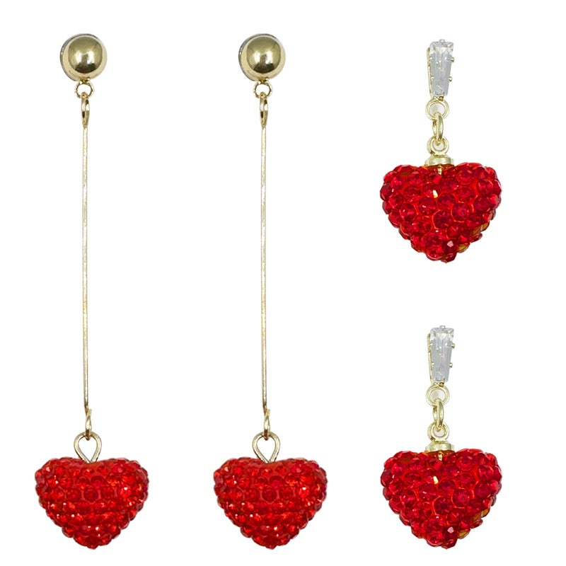 DOLLESS Heart Earrings for Women Valentine Day Rhinestone Red Love Heart Dangle Drop Earrings (A-2 Pairs) - Image 1