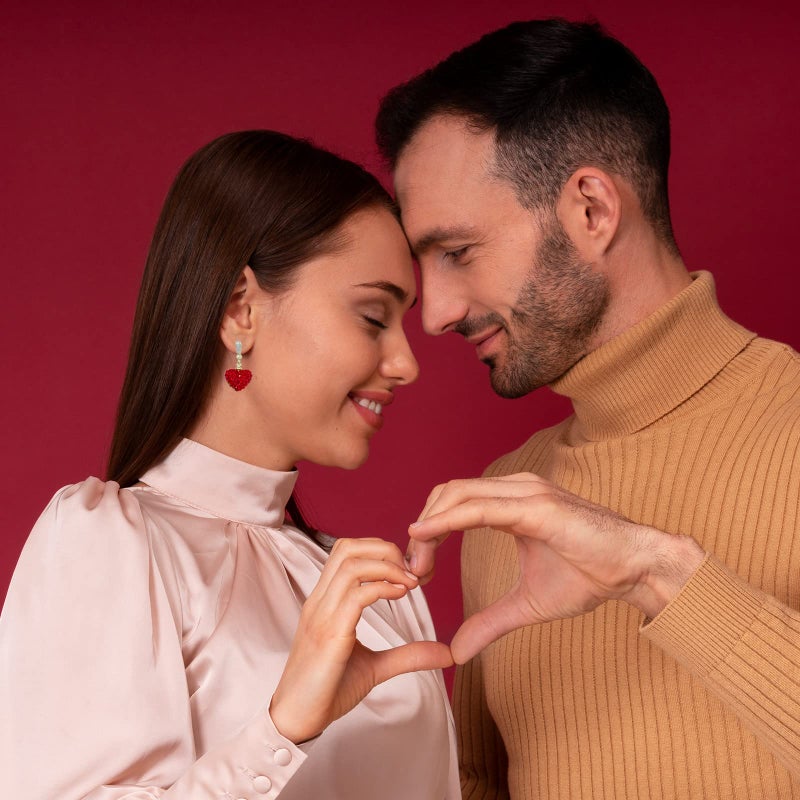 DOLLESS Heart Earrings for Women Valentine Day Rhinestone Red Love Heart Dangle Drop Earrings (A-2 Pairs) - Image 2