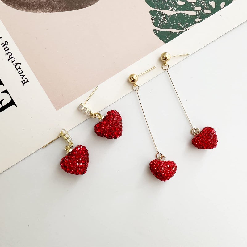 DOLLESS Heart Earrings for Women Valentine Day Rhinestone Red Love Heart Dangle Drop Earrings (A-2 Pairs) - Image 5