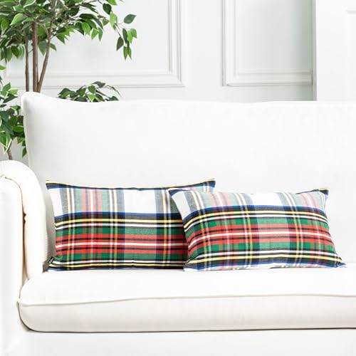 Hofdeco Premium Christmas Indoor Outdoor Lumbar Pillow Cover Only 12x20 Water Repellent for Holiday Backyard Couch Scottish Tartan Plaid C - Image 1