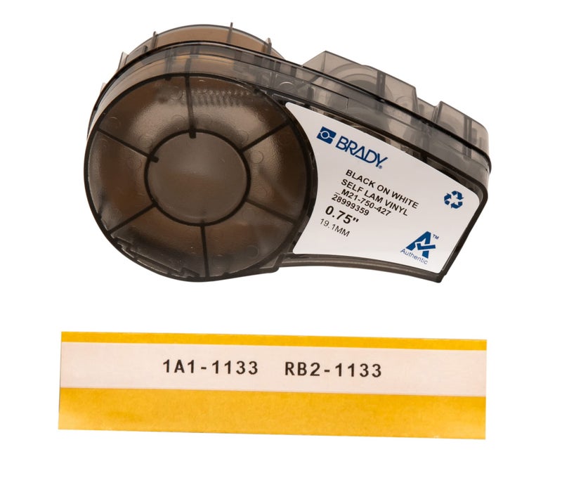 Brady Authentic (M21-750-427) Self-Laminating Wire Wrap for Control and Electrical Panels, Datacom Cable, Black on White- For M210, M210-LAB, M211, BMP21-PLUS and BMP21-LAB Printers, .75" W, 14' L - Image 1