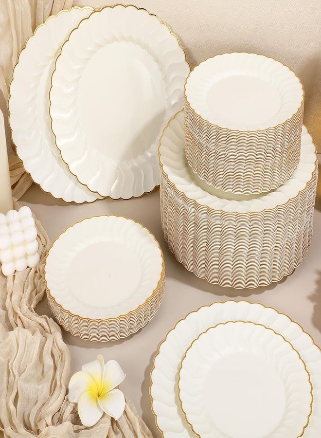 Mifoci Ivory Plastic Plates with Gold Rim Heavy Duty Disposable Plates for Dessert, Appetizer, Holiday, Wedding, Party(80 Pcs,Ivory) - Image 5