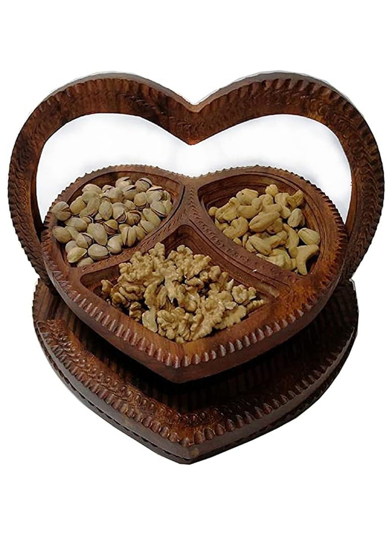 Handmade Handcrafted Wooden Heart Shape Dry Fruit Box Large Size Food Storage Box 3 Compartments for Decor