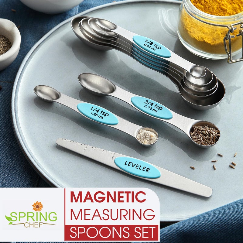 Spring Chef Stainless Steel Magnetic Measuring Spoons Set of 8 with Leveler, Nesting Metal Teaspoon & Tablespoon Measuring Spoons, Fits in Spice Jars, Kitchen Gadgets for Baking & Cooking - Aqua Sky - Image 3
