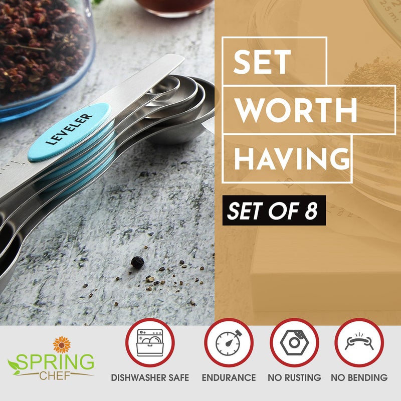 Spring Chef Stainless Steel Magnetic Measuring Spoons Set of 8 with Leveler, Nesting Metal Teaspoon & Tablespoon Measuring Spoons, Fits in Spice Jars, Kitchen Gadgets for Baking & Cooking - Aqua Sky - Image 2