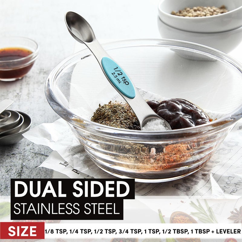 Spring Chef Stainless Steel Magnetic Measuring Spoons Set of 8 with Leveler, Nesting Metal Teaspoon & Tablespoon Measuring Spoons, Fits in Spice Jars, Kitchen Gadgets for Baking & Cooking - Aqua Sky - Image 4