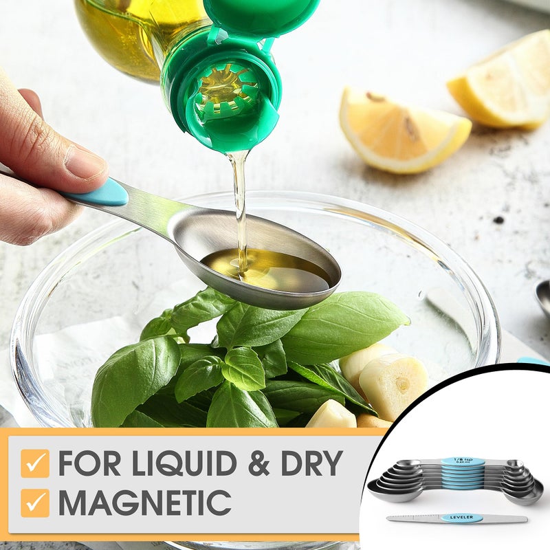 Spring Chef Stainless Steel Magnetic Measuring Spoons Set of 8 with Leveler, Nesting Metal Teaspoon & Tablespoon Measuring Spoons, Fits in Spice Jars, Kitchen Gadgets for Baking & Cooking - Aqua Sky - Image 5