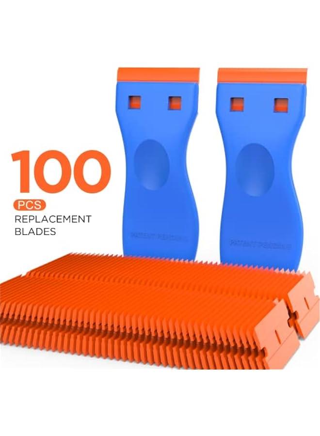 اداة مكشطة شفرات حلاقة بلاستيكية - عبوة من قطعتين لازالة طلاء الجدران مع 100 قطعة من الشفرات البلاستيكية، لا تخدش نافذة السيارة والزجاج والخشب والموقد والارضيات والموقد والمطبخ، شريط لاصق من الفينيل - Image 4