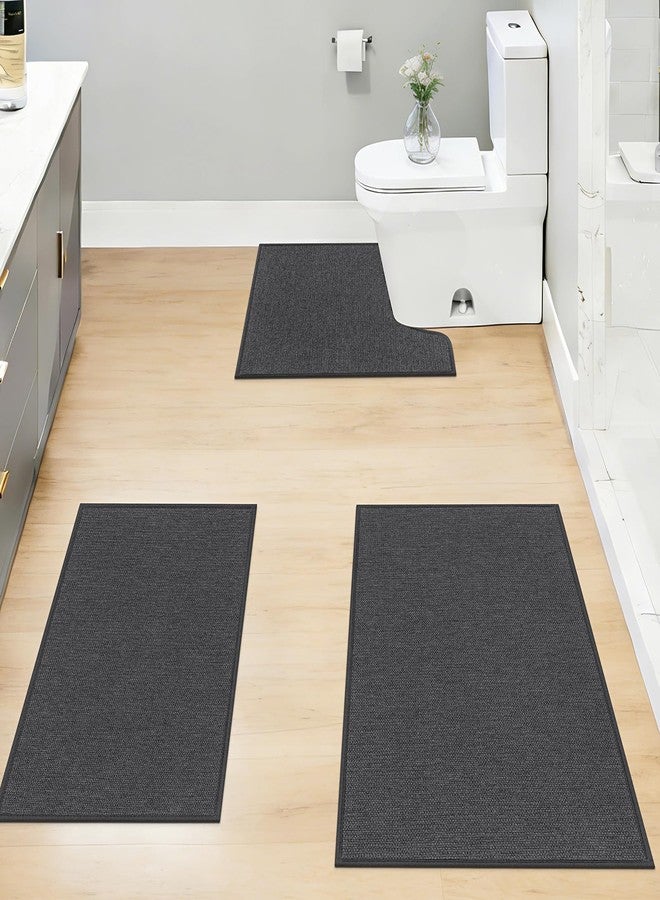 Ileading Bathroom Rugs Sets 3 Piece Non Slip Washable, Absorbent Quick Dry Thin Bath Runner Rug, U Shaped Toilet Mat for Shower Tub Sink Kitchen Laundry (Dark Gray) - Image 1