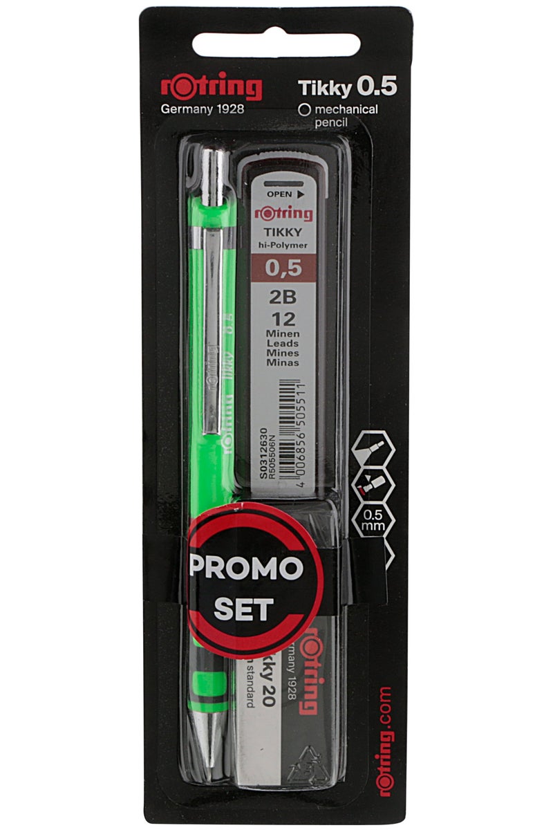 Rotring Rotring Green Mechanical Tikky Pencil 0.5mm With Metal Cap, Nozzle & Clip And An Induilt Eraser For Writing & Drawing With 2B 12 Lead & Eraser -2025544  - Image 2