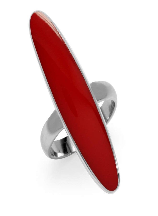 Silvershake Long Created Red Coral Inlay White Gold Plated 925 Sterling Silver Ring Size 9 - Image 1