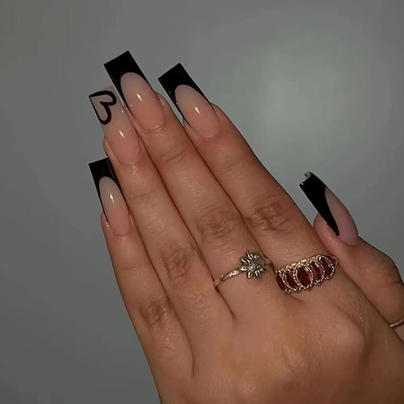 24pcs French Tip Long Coffin Press on Nails With Heart Design Black Edge Stick on Full Cover Fake Nails for Women Girls Removable Glueon Nail Art Accessories