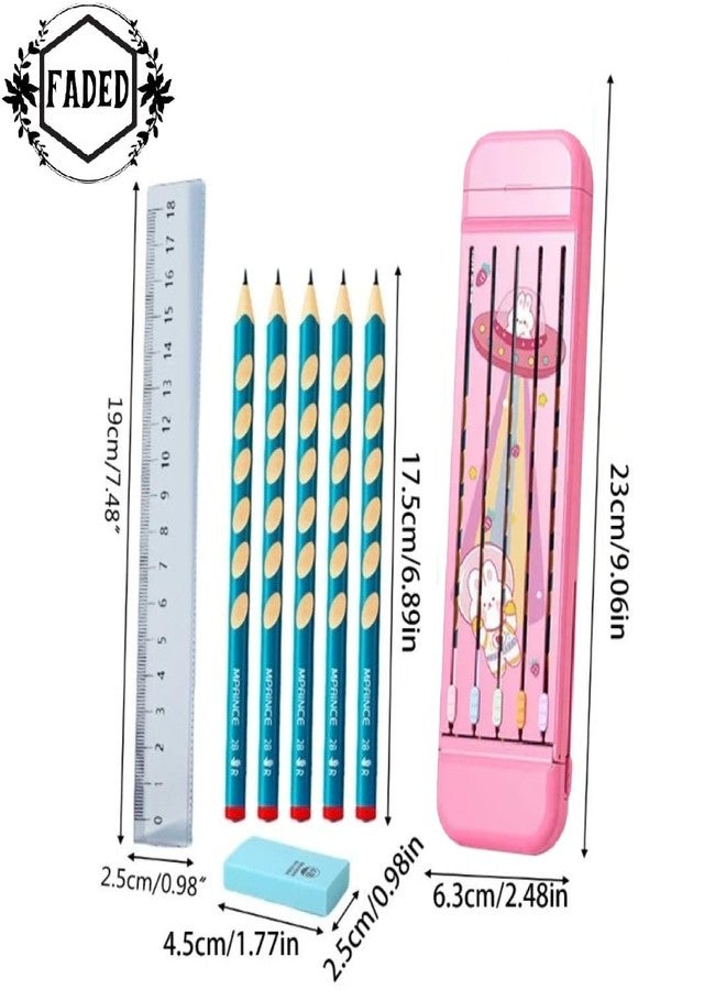 Faded Pink ABS Pencil Case for Students - Compact Hard Shell Stationery Box with Pencil Slot, 5 Pencils, Ruler & Eraser | Durable School Supplies Kit Students - Image 3